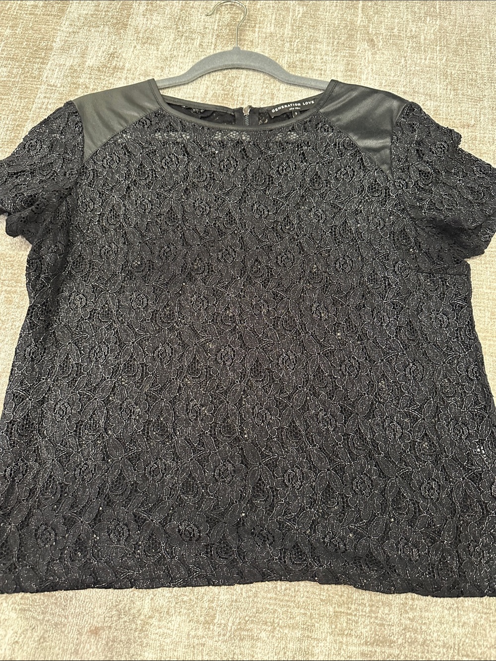 Generation Love Black Lace Top with Faux Leather Shoulders